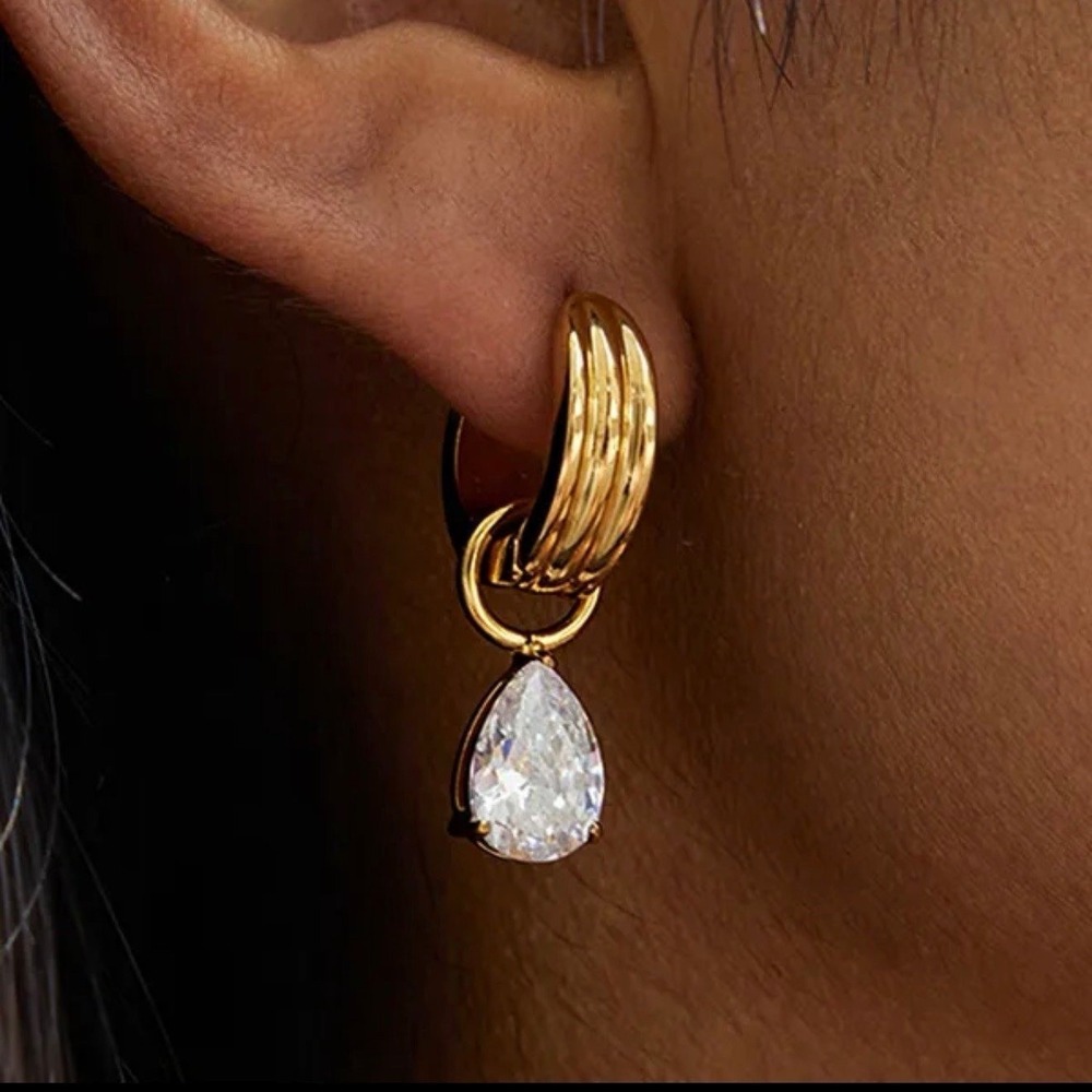 Gold Tone Huggie Drop Earrings Clear Teardrop Crystal Dainty Jewelry NWT